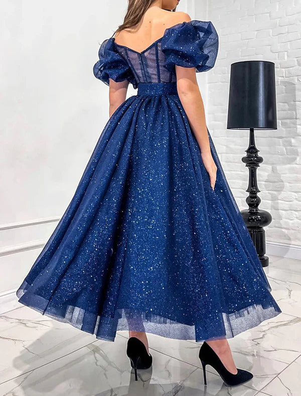 Luolandi A-Line Cocktail Dresses Corsets Dress Wedding Party Birthday Ankle Length Short Sleeve Off Shoulder Tulle with Glitter Belt Sparkly Evening Dress